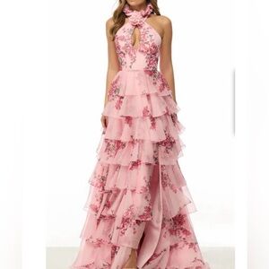 Sherri Hill Elegant Pink Floral Tiered Dress